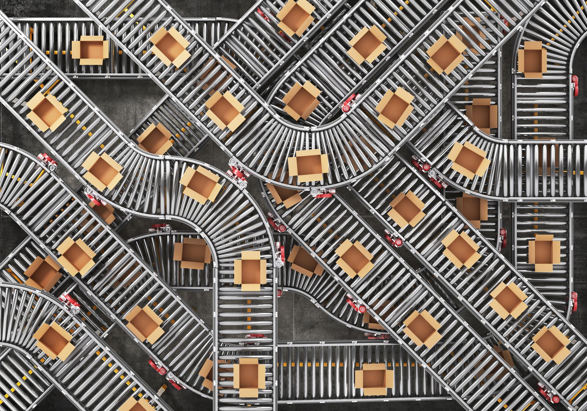 Conveyors with cardboard boxes on white background. 3d illustration