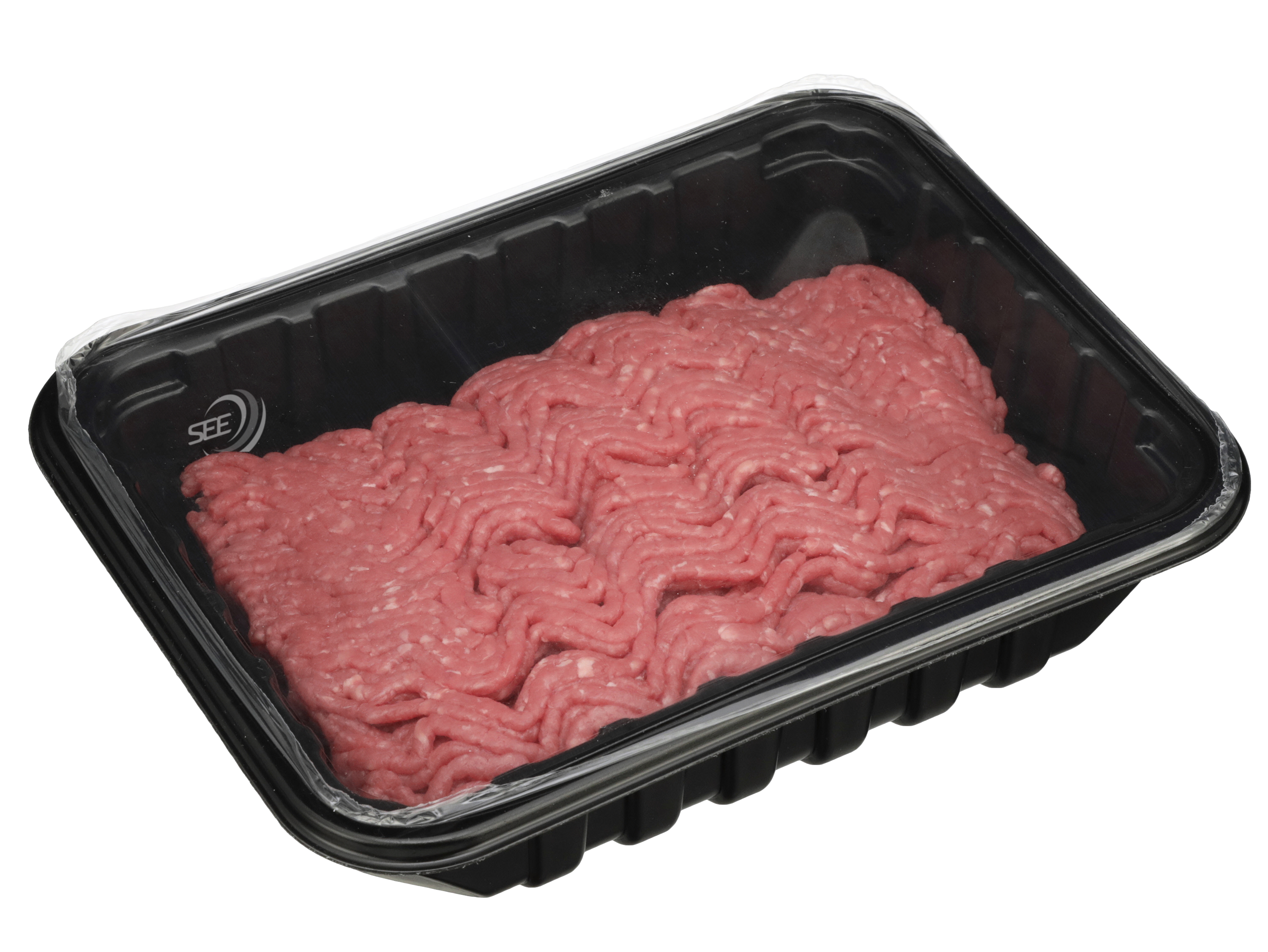 Bandeja negra de MAP preformada de la marca CRYOVAC con carne roja fresca picada