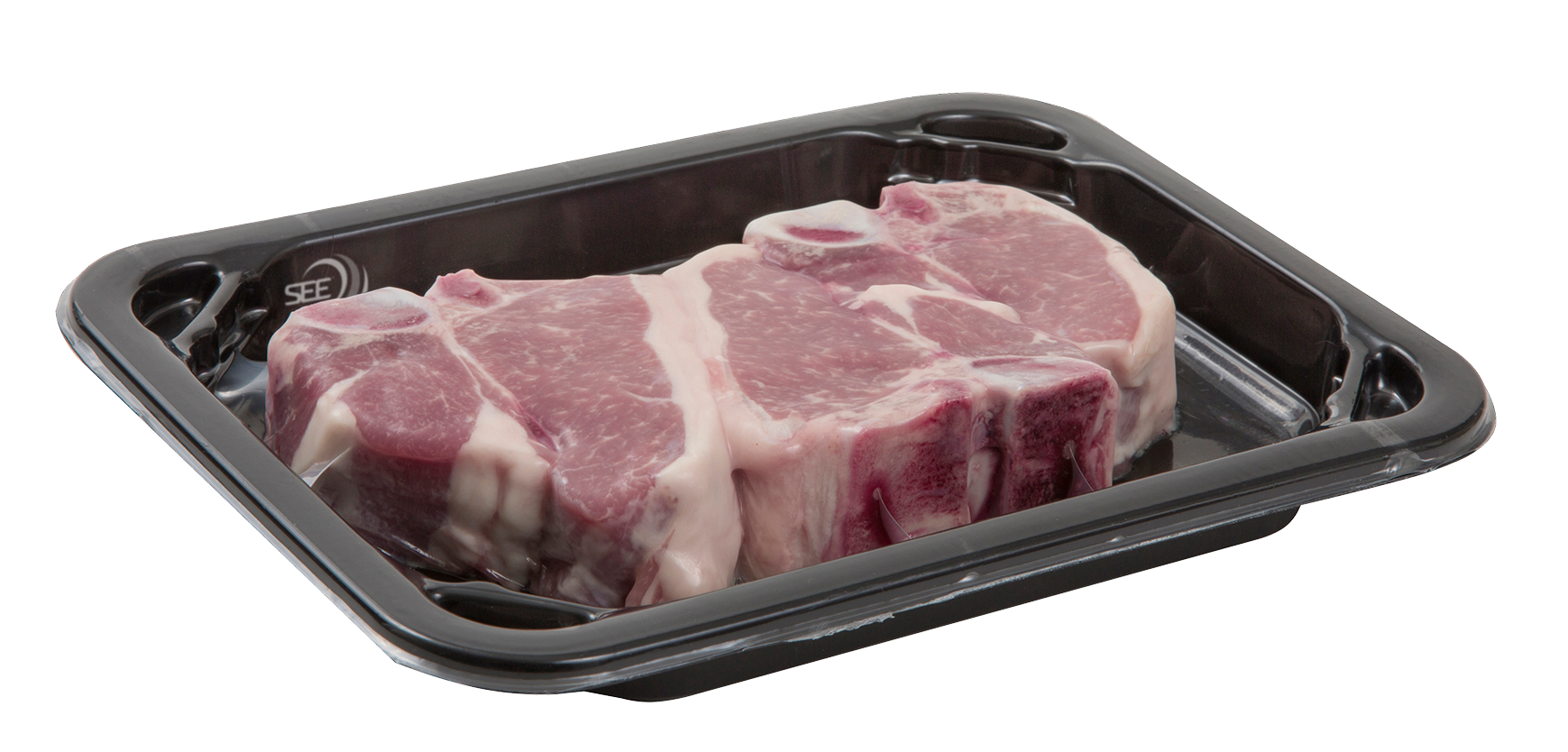 Bandeja preformada para envasado al vacío con efecto tipo skin de la marca CRYOVAC con carne roja fresca de cordero