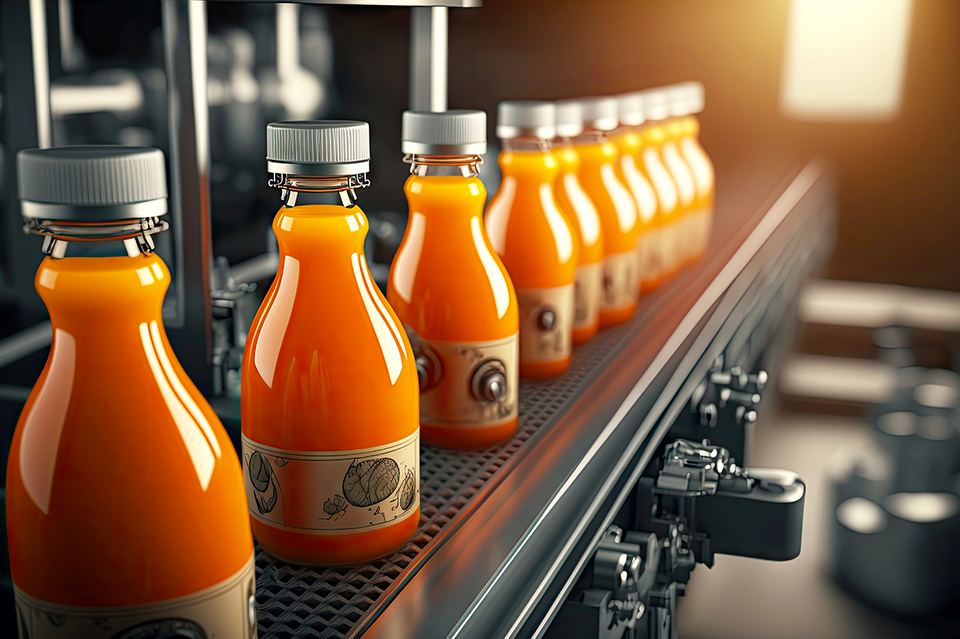 Conveyor belt with juice bottles, industrial food and drink production line