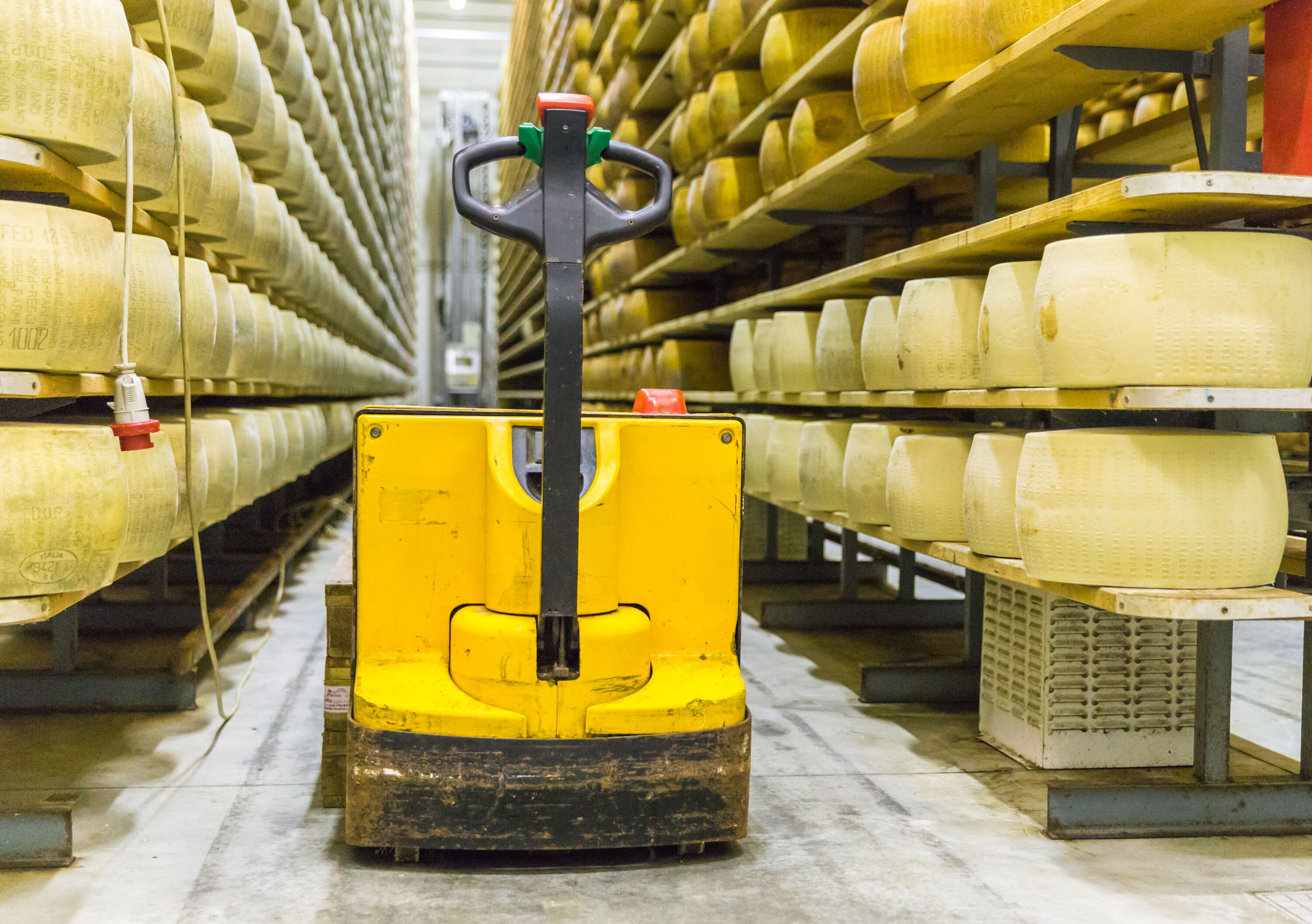 Parmigiano Cheese factory production shelves with aging cheese in Italy, Bologna