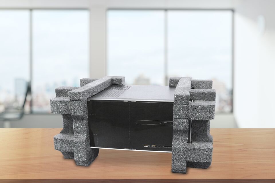Wooden table in light office with panoramic windows