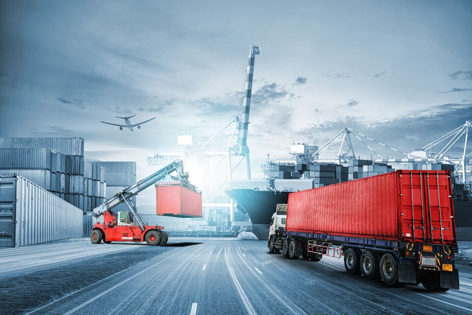 Logistics import export background and transport industry of Container Cargo freight ship at sunset sky