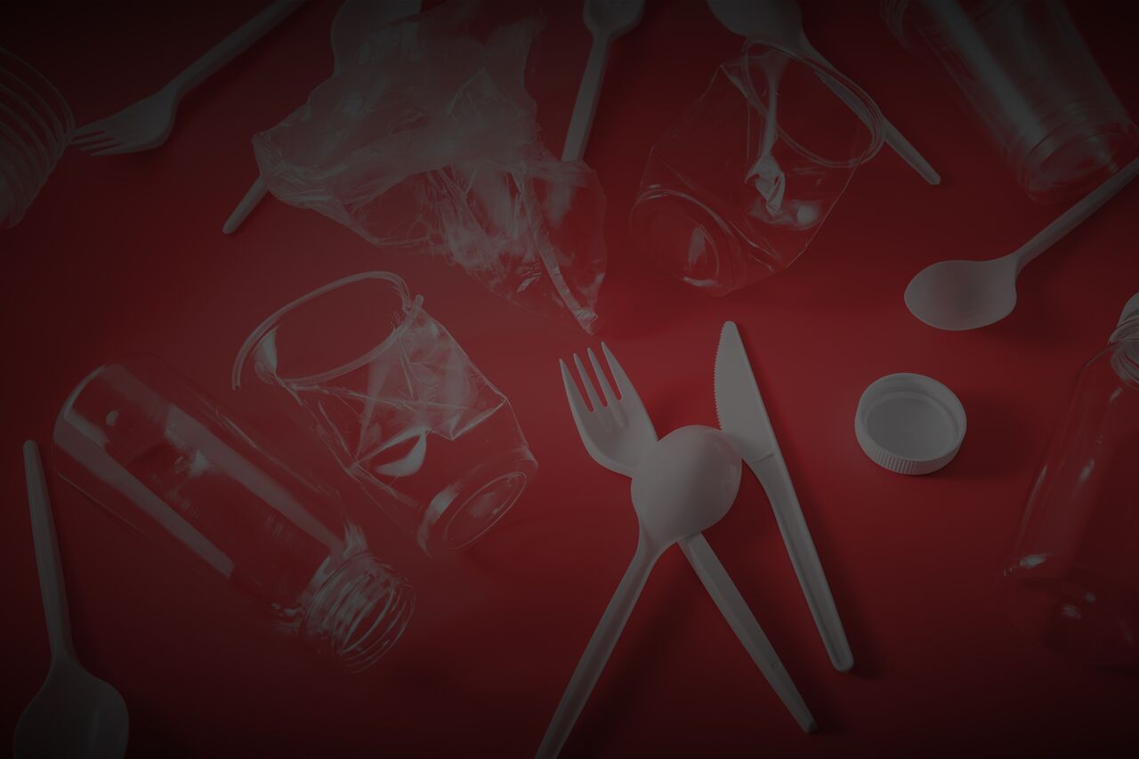 single use plastic bottles, cups, forks, spoons. concept of recycling plastic, plastic waste