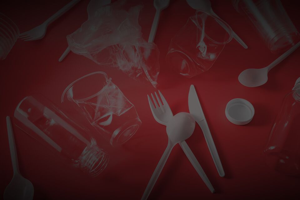 single use plastic bottles, cups, forks, spoons. concept of recycling plastic, plastic waste