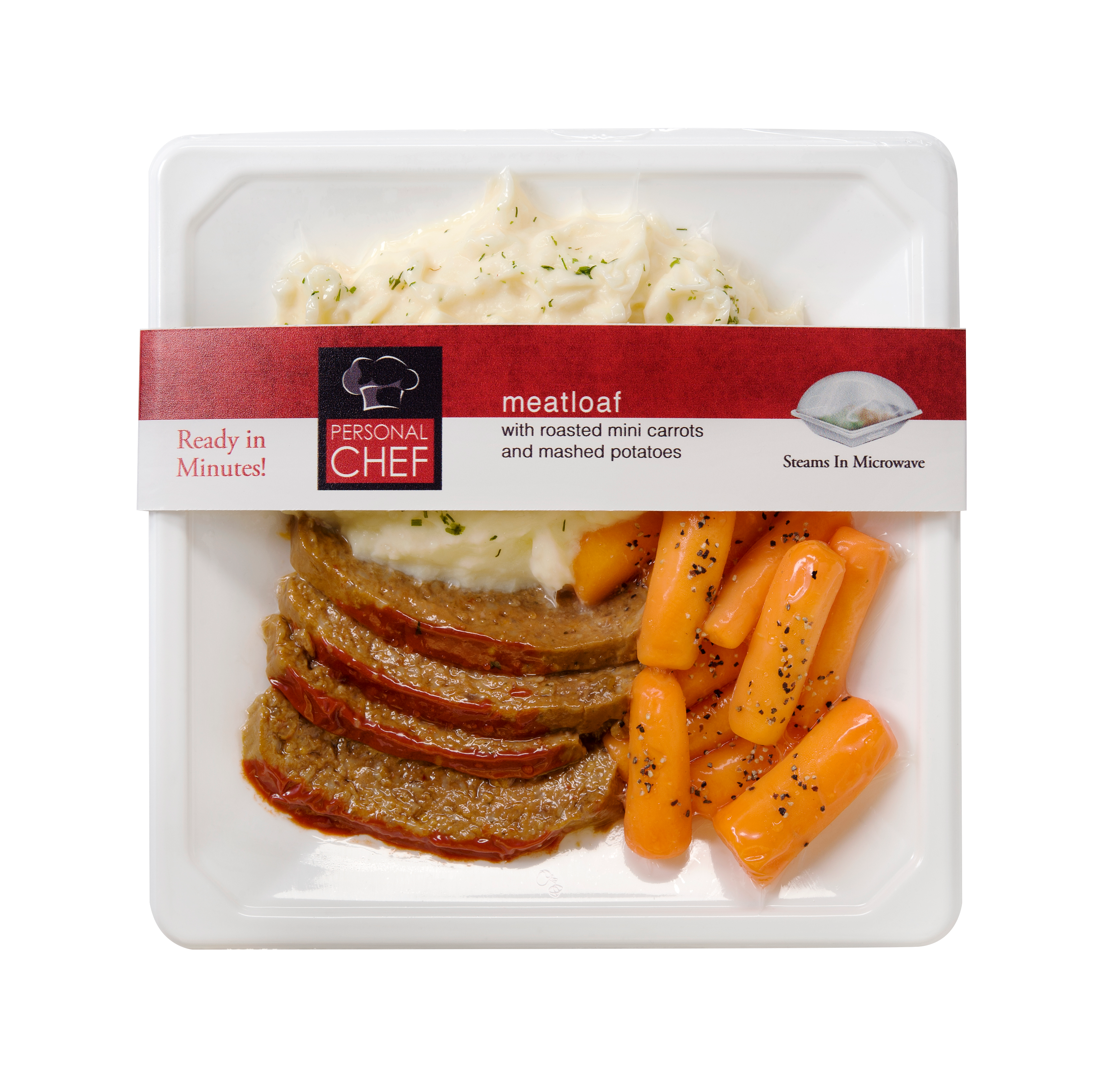 Embalagem para refeições Simple Steps® da marca CRYOVAC® com bolo de carne, cenouras e purê de batatas