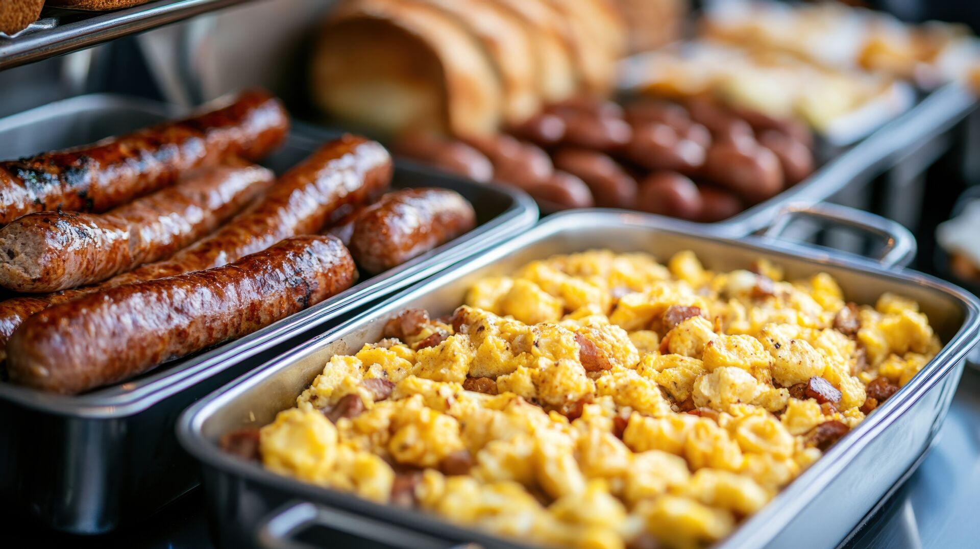 A buffet display in a hotel breakfast area featuring scrambled eggs, sausages, and fresh bread